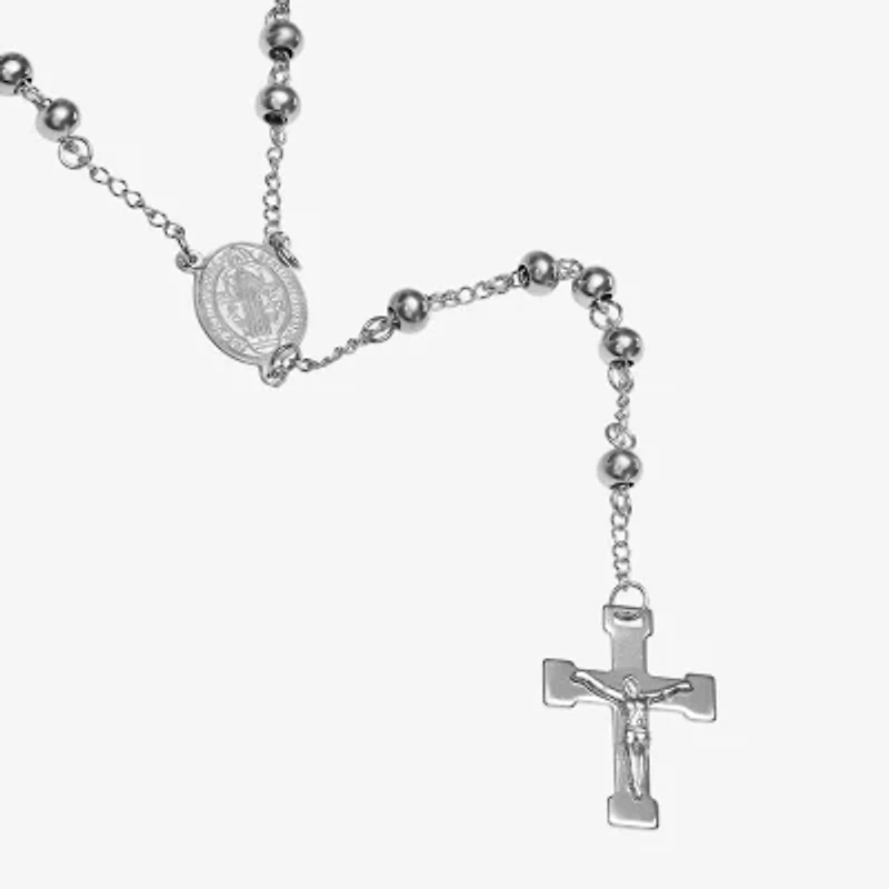 Steeltime Saint Benedict Medal Mens Stainless Steel Hypoallergenic 26 Inch Rosary Necklace