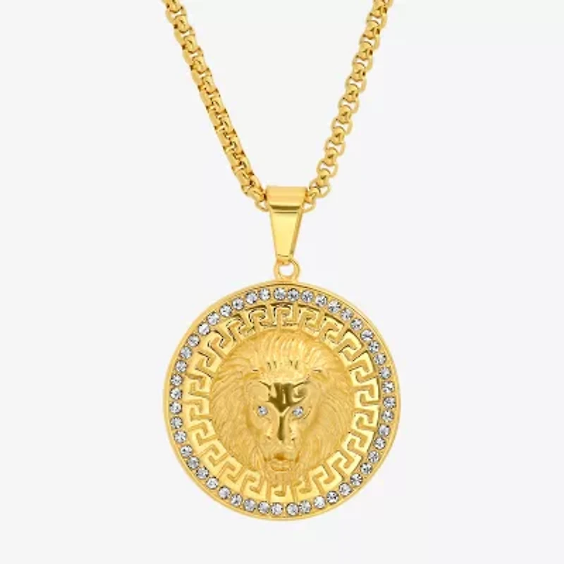 Steeltime Lion Mens Cubic Zirconia 18K Gold Over Stainless Steel Round Hypoallergenic Inch Pendant Necklace