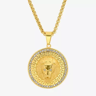 Steeltime Lion Mens Cubic Zirconia 18K Gold Over Stainless Steel Round Hypoallergenic Inch Pendant Necklace