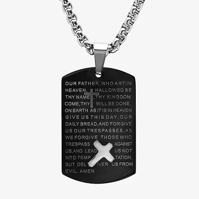 Steeltime Lord'S Prayer Mens Stainless Steel Cross Dog Tag Hypoallergenic 24 Inch Pendant Necklace