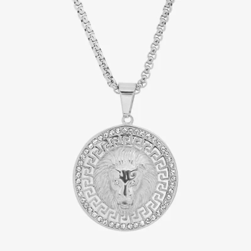 Steeltime Lion Mens Cubic Zirconia Stainless Steel Round Hypoallergenic 24 Inch Pendant Necklace