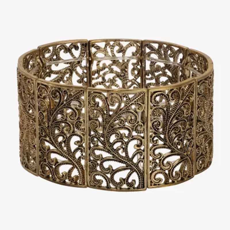 1928 Gold Tone Rectangular Filagree Womens Stretch Bracelet