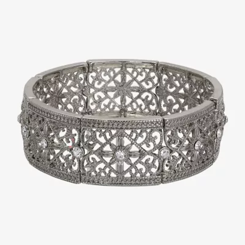 1928 Silver-Tone Womens White Round Stretch Bracelet