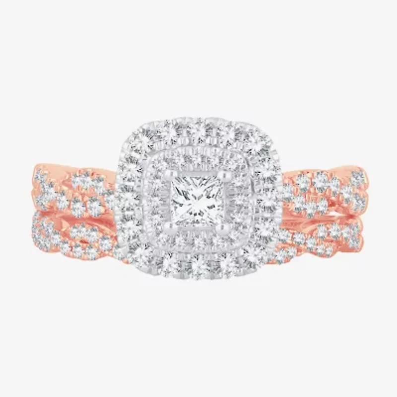 Signature By Modern Bride 1 CT.T.W. Natural Diamond Cushion Shape Side Stone Halo Bridal Set 10K or 14K Gold