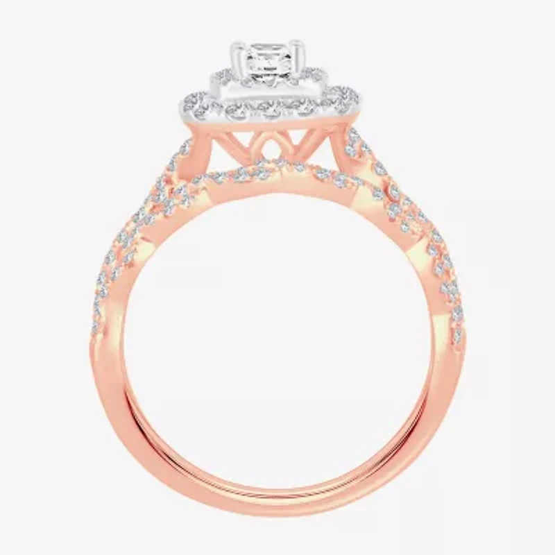 Signature By Modern Bride 1 CT.T.W. Natural Diamond Cushion Shape Side Stone Halo Bridal Set 10K or 14K Gold