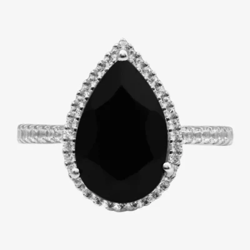 Womens Genuine Black Onyx Sterling Silver Halo Side Stone Cocktail Ring