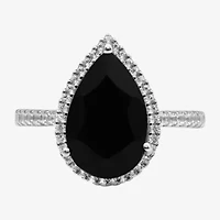 Womens Genuine Black Onyx Sterling Silver Halo Side Stone Cocktail Ring