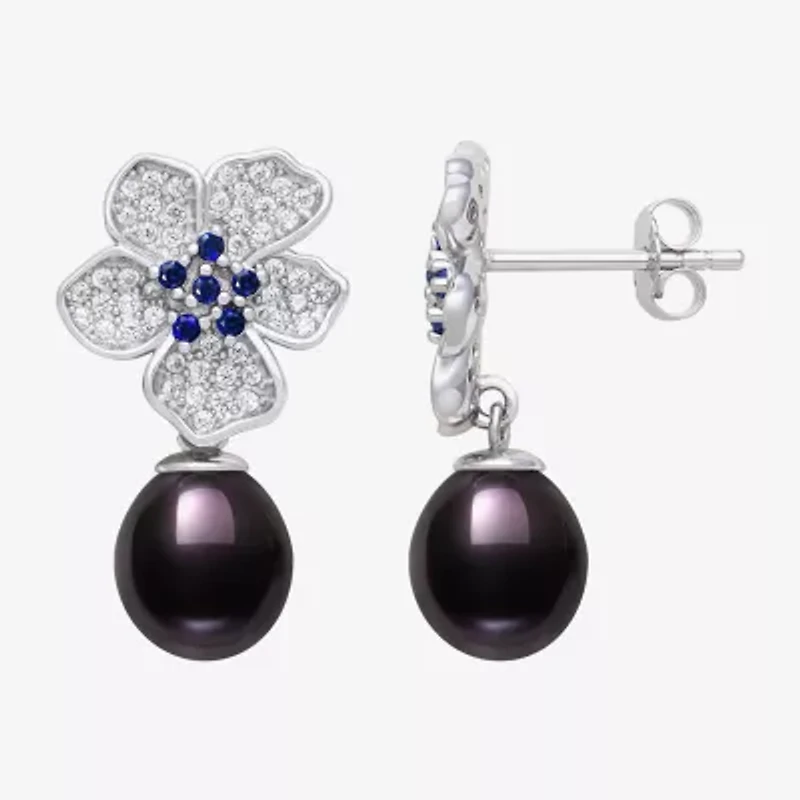 Limited Quantities! Womens Dyed Black Cultured Freshwater Pearl Sterling Silver Flower Drop Earrings