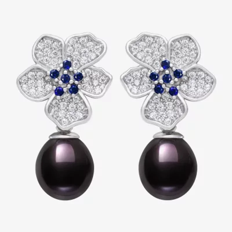Limited Quantities! Womens Dyed Black Cultured Freshwater Pearl Sterling Silver Flower Drop Earrings