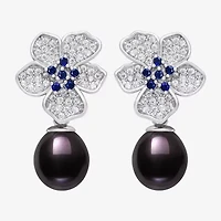 Limited Quantities! Womens Dyed Black Cultured Freshwater Pearl Sterling Silver Flower Drop Earrings