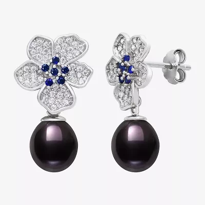 Limited Quantities! Womens Dyed Black Cultured Freshwater Pearl Sterling Silver Flower Drop Earrings