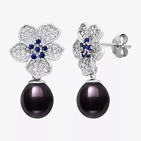 Limited Quantities! Womens Dyed Black Cultured Freshwater Pearl Sterling Silver Flower Drop Earrings