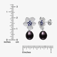 Limited Quantities! Womens Dyed Black Cultured Freshwater Pearl Sterling Silver Flower Drop Earrings