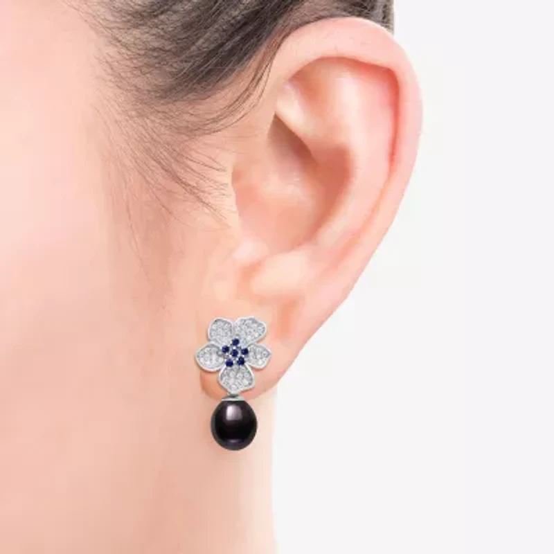 Limited Quantities! Womens Dyed Black Cultured Freshwater Pearl Sterling Silver Flower Drop Earrings