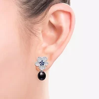 Limited Quantities! Womens Dyed Black Cultured Freshwater Pearl Sterling Silver Flower Drop Earrings