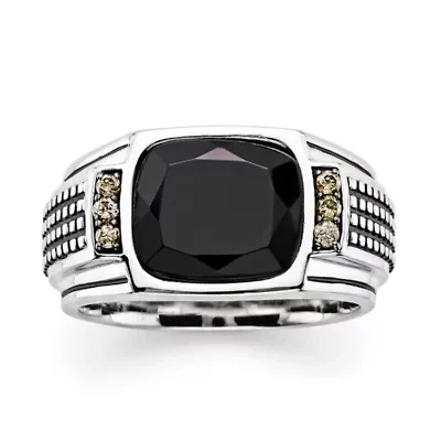 Mens 1/10 CT. T.W. Champagne Diamond and Genuine Onyx Sterling Silver Ring