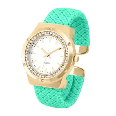 Womens Crystal-Accent Mint Faux Leather Cuff Bangle Watch