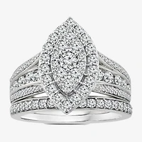 Womens 1 1/2 CT. T.W. Natural White Diamond 10K White Gold Marquise Side Stone Halo Bridal Set