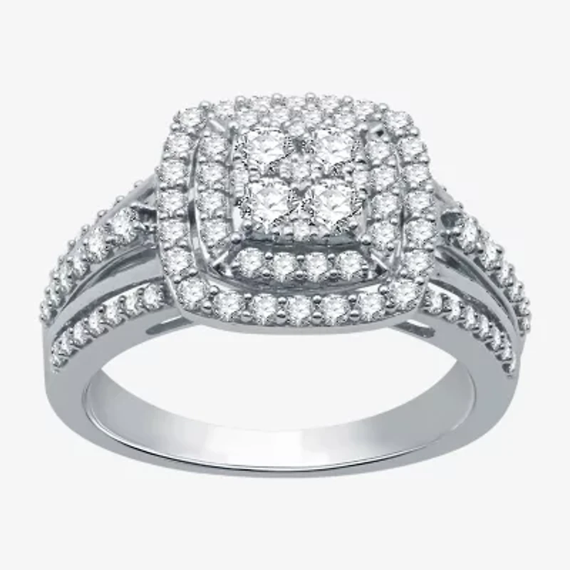 Womens 1 CT. T.W. Natural White Diamond 10K Gold Cushion Side Stone Halo Engagement Ring