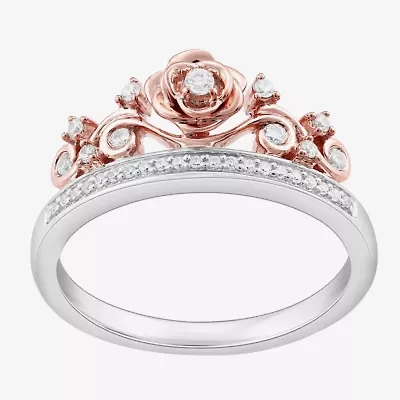 Enchanted Disney Fine Jewelry Womens 1/6 CT. T.W. Natural White Diamond Sterling Silver Flower Beauty and the Beast Belle Princess Cocktail Ring