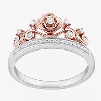 Enchanted Disney Fine Jewelry Womens 1/6 CT. T.W. Natural White Diamond Sterling Silver Flower Beauty and the Beast Belle Princess Cocktail Ring
