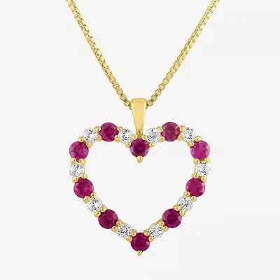 Womens Lab Created Red Ruby 10K Gold Heart 18 Inch Pendant Necklace