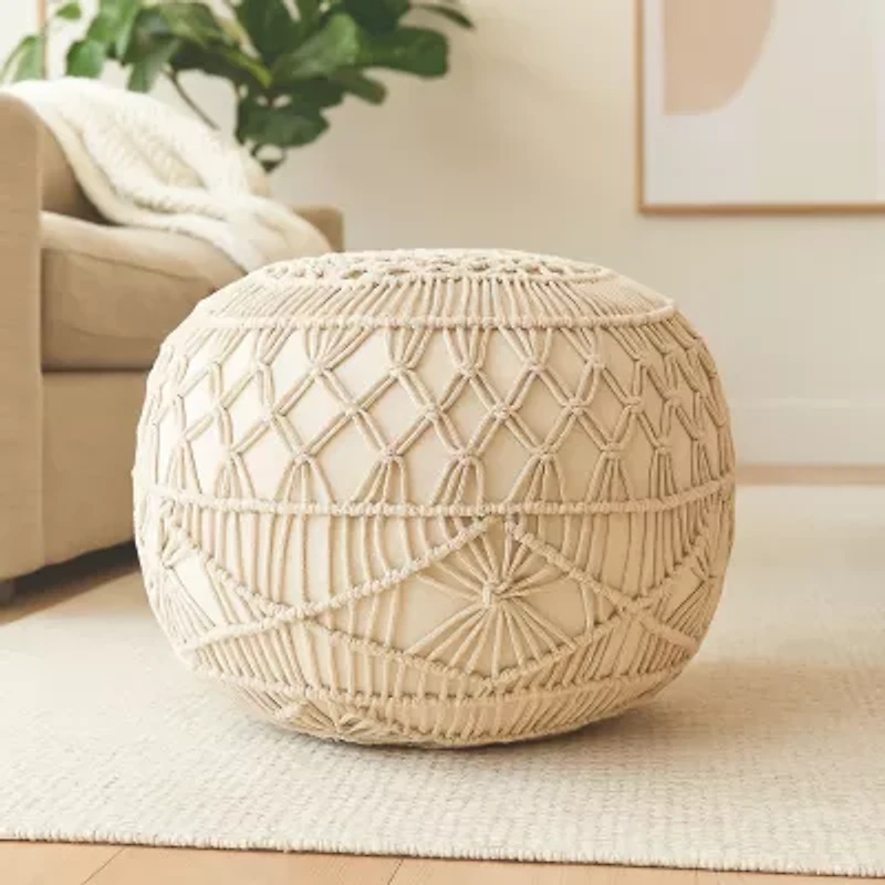 LR Home Nova Macrame 16" Handmade Cotton Blend Pouf in Cream