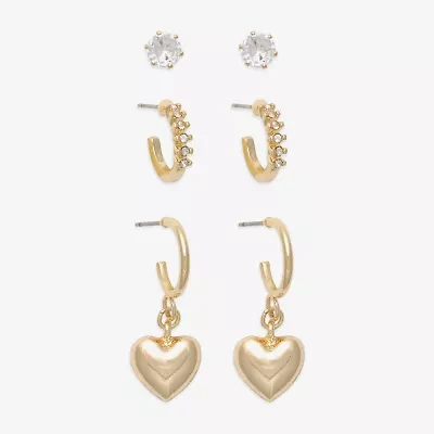 Mixit Gold Tone Stud & Hoop Womens Cubic Zirconia Heart Hypoallergenic 3 Pair Earring Set