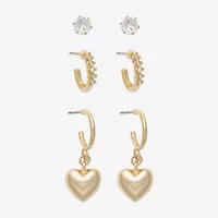 Mixit Gold Tone Stud & Hoop Womens Cubic Zirconia Heart Hypoallergenic 3 Pair Earring Set