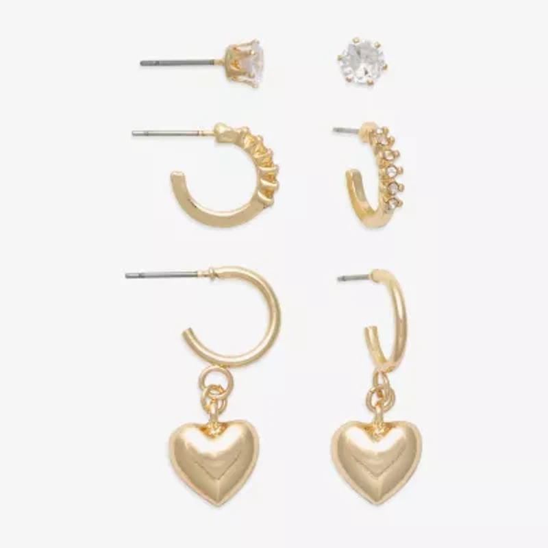 Mixit Gold Tone Stud & Hoop Womens Cubic Zirconia Heart Hypoallergenic 3 Pair Earring Set