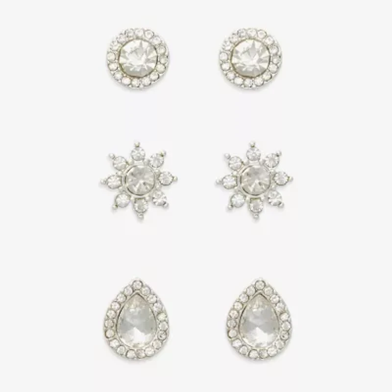 Mixit Silver Tone Stud Womens Cubic Zirconia Hypoallergenic 3 Pair Earring Set