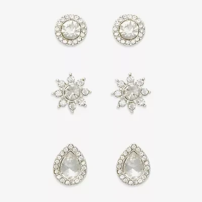 Mixit Silver Tone Stud Womens Cubic Zirconia Hypoallergenic 3 Pair Earring Set