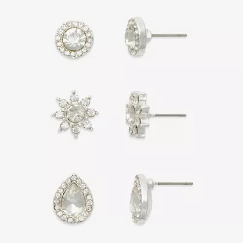 Mixit Silver Tone Stud Womens Cubic Zirconia Hypoallergenic 3 Pair Earring Set