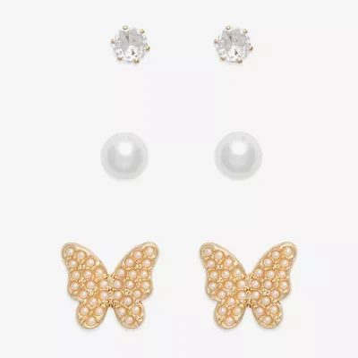 Mixit Gold Tone Stud Womens Cubic Zirconia Simulated Pearl Butterfly Hypoallergenic 3 Pair Earring Set