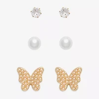 Mixit Gold Tone Stud Womens Cubic Zirconia Simulated Pearl Butterfly Hypoallergenic 3 Pair Earring Set