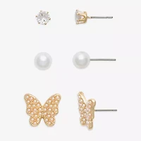 Mixit Gold Tone Stud Womens Cubic Zirconia Simulated Pearl Butterfly Hypoallergenic 3 Pair Earring Set