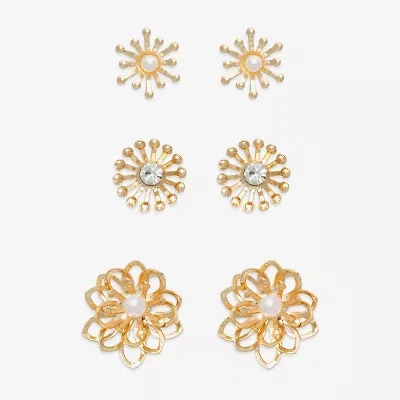 Mixit Gold Tone Stud Womens Glass Flower Hypoallergenic 3 Pair Earring Set