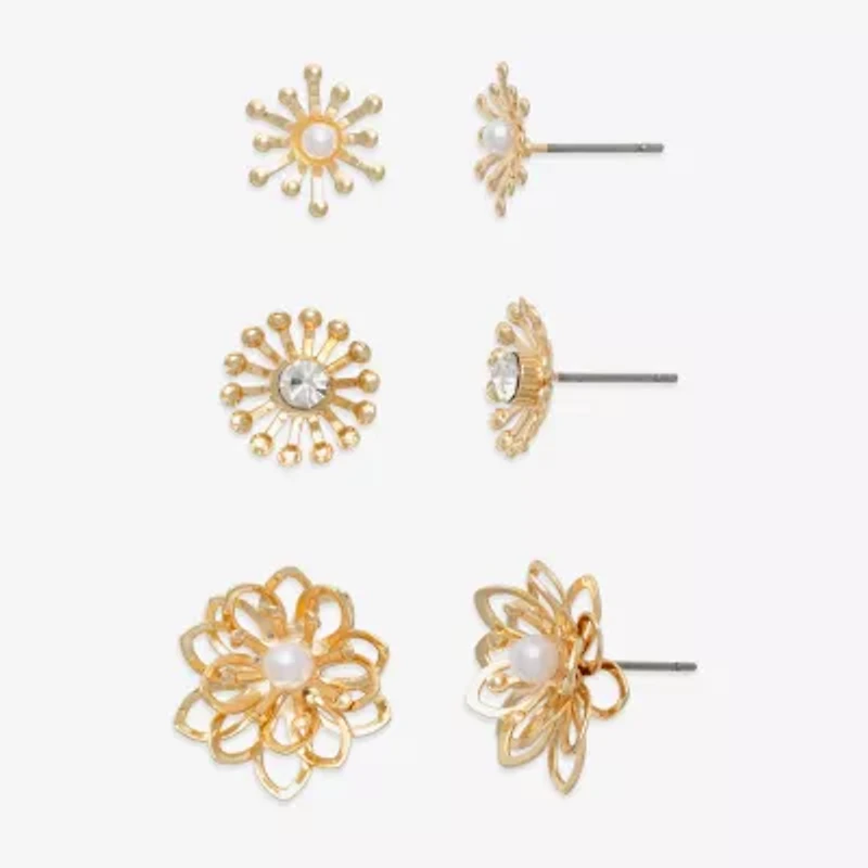 Mixit Gold Tone Stud Womens Glass Flower Hypoallergenic 3 Pair Earring Set