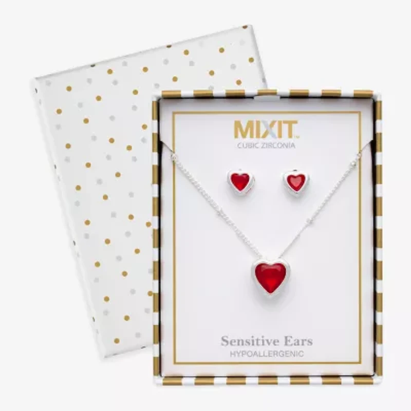 Mixit Womens Red Cubic Zirconia Heart Hypoallergenic 3-pc. Jewelry Set