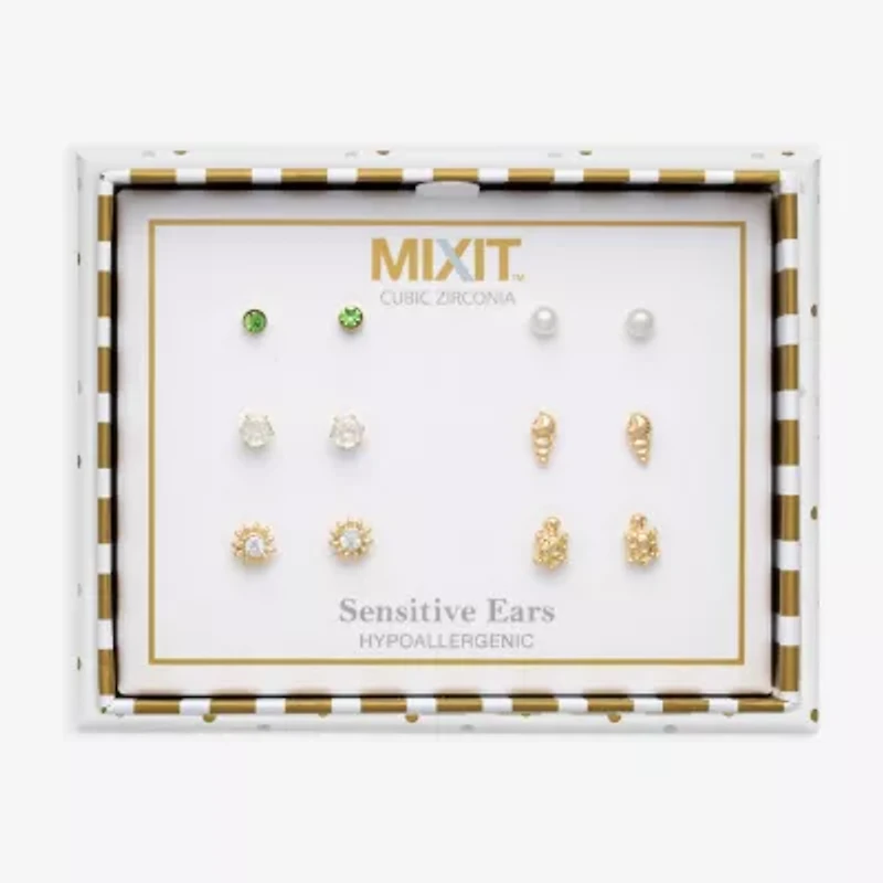 Mixit Turtle Womens Cubic Zirconia Hypoallergenic 6 Pair Earring Set