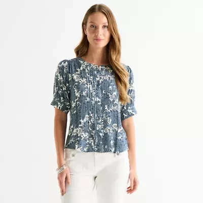 Liz Claiborne Womens Petite Crew Neck Short Sleeve Blouse