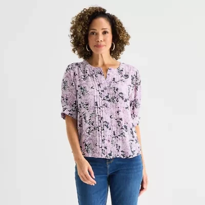 Liz Claiborne Womens Crew Neck Short Sleeve Blouse