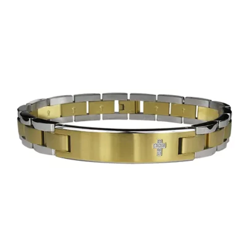 Mens Diamond-Accent Cross Stainless Steel & Gold-Tone IP Bracelet