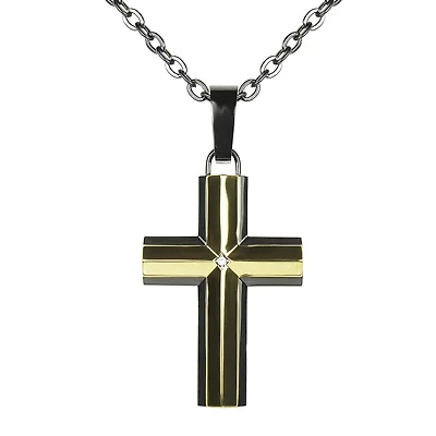 Mens Diamond-Accent Two-Tone Cross Pendant Necklace