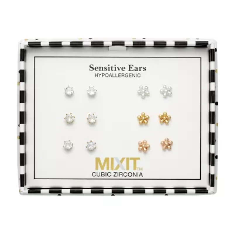 Mixit Womens Cubic Zirconia Flower Hypoallergenic 6 Pair Earring Set