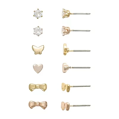Mixit Womens Cubic Zirconia Bow Butterfly Heart Hypoallergenic 6 Pair Earring Set