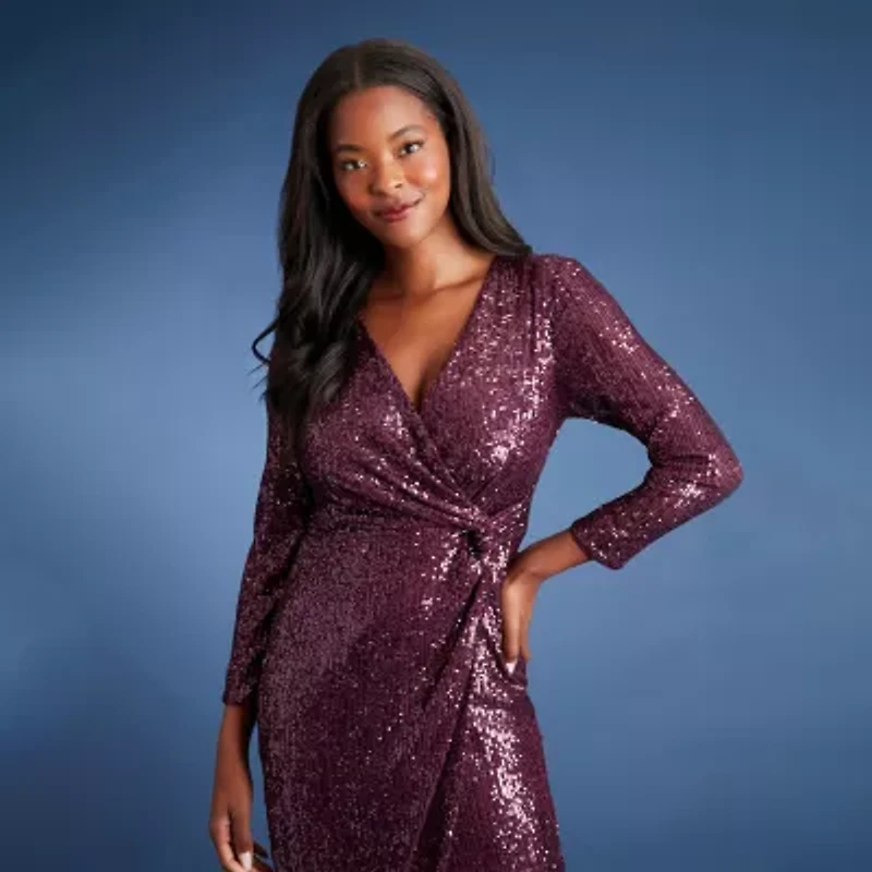 Clover And Sloane Womens Sequin Long Sleeve Sheath Dress