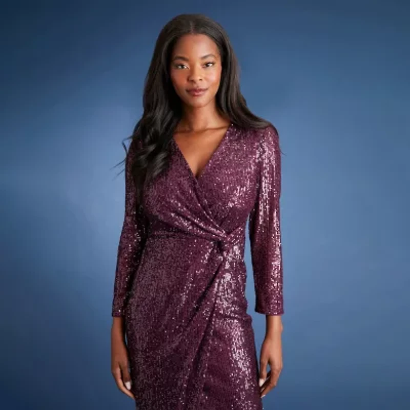 Clover And Sloane Womens Sequin Long Sleeve Sheath Dress