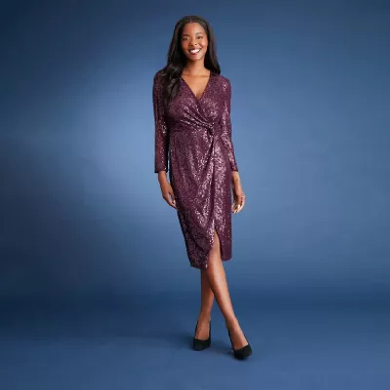 Clover And Sloane Womens Sequin Long Sleeve Sheath Dress