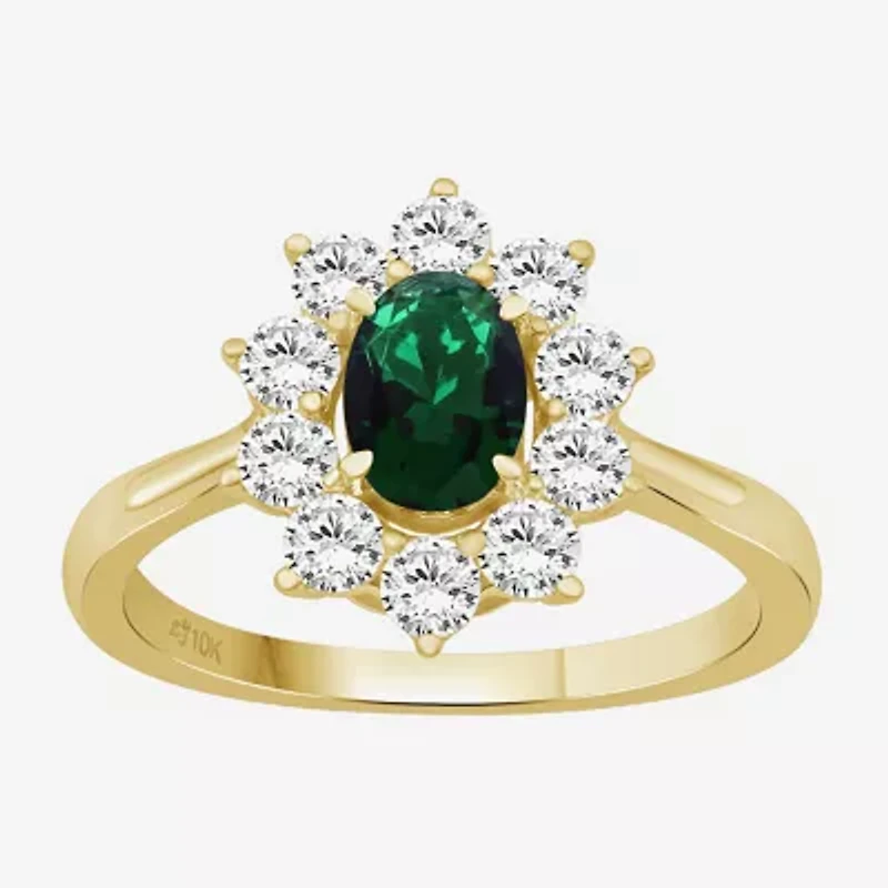 Womens Oval-cut Gemstone & 3/4 CT. T.W. Lab-Grown Diamond 10K Gold Halo Cocktail Ring